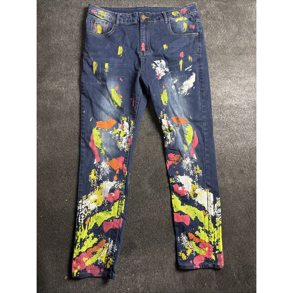Wear Jeans Size 36 Multicolored Painted Denim Stretch Retro Boho Hippie Art Pant
